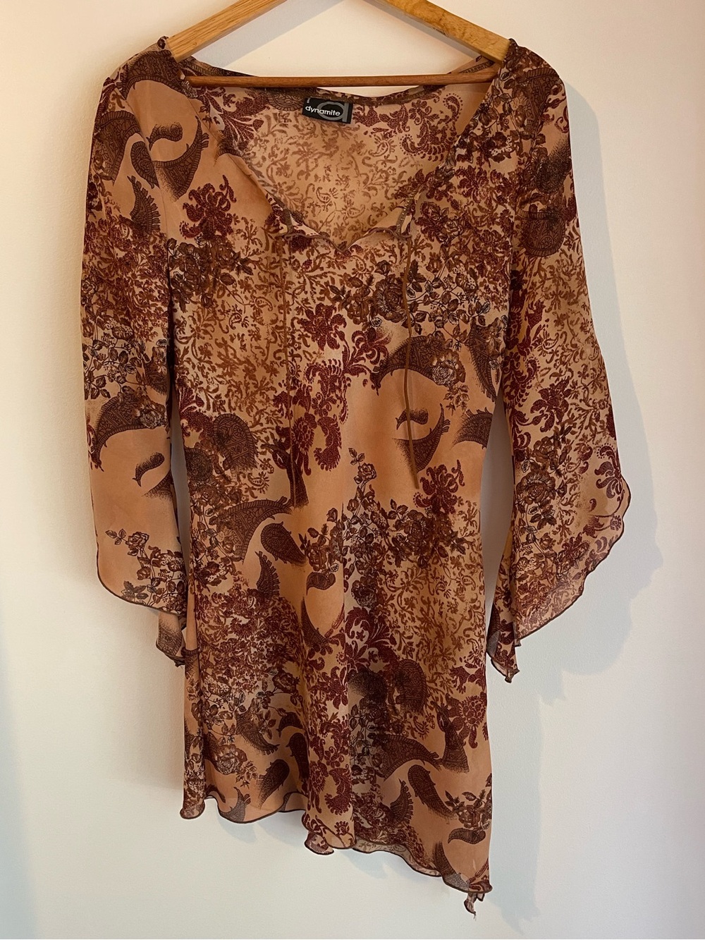 Vintage Y2K Dynamite Sheer Mesh Bell Sleeve Tunic Top Paisley Floral Asymmetric